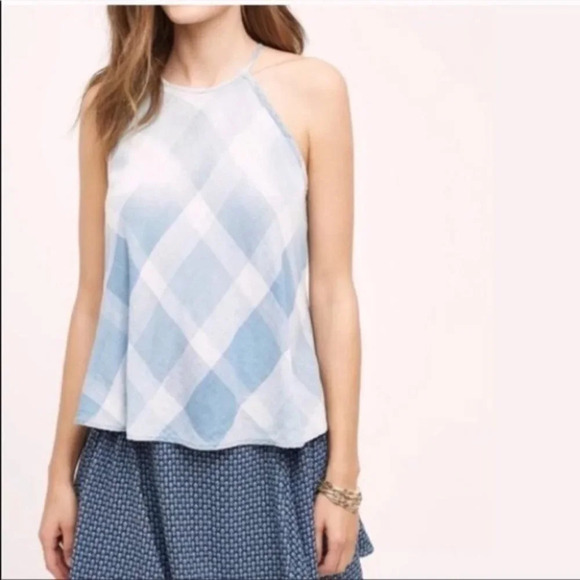 Anthropologie Cloth and Stone Sky Halter Tank Top Plaid Checkered Gauze Blue XS - Picture 10 of 16
